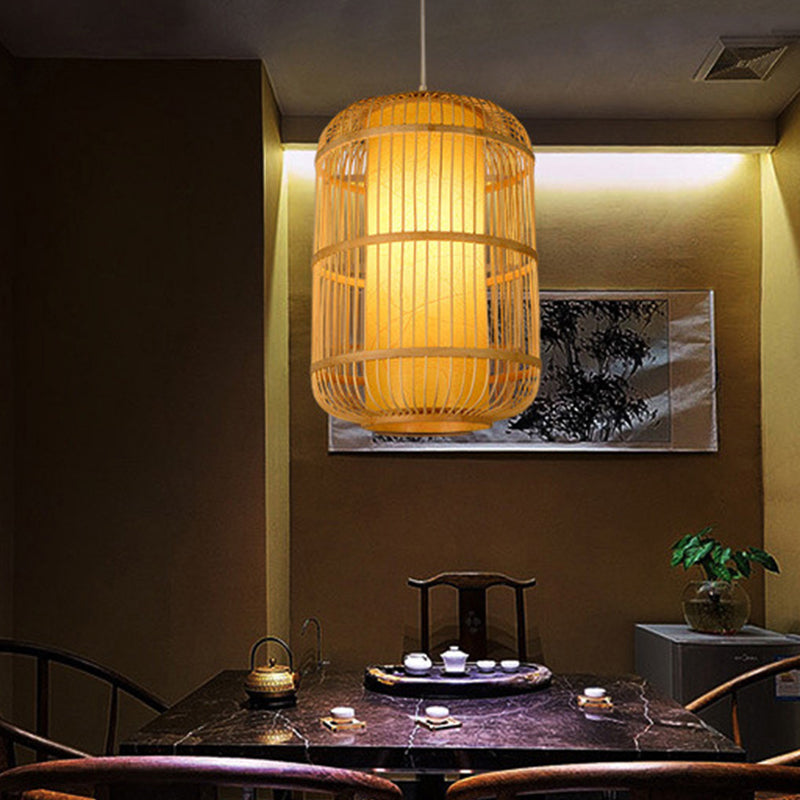 Asia 1-Light Down Lighting Bamboo Cylinder Hanging Pendant Light for Tea Room