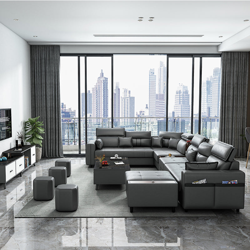 Square Arm Grey Cushion Back Contemporary Storage Adjustable Living Room Sofa