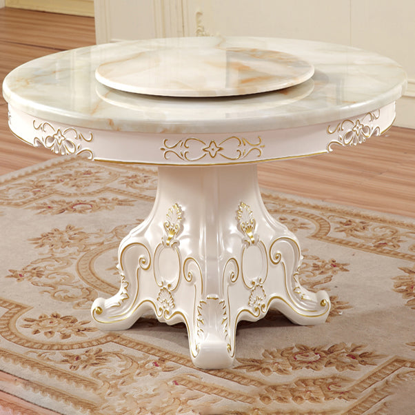 Solid Wood Victorian Round Dining Table Faux Marble Top Table with Wooden Pedestal