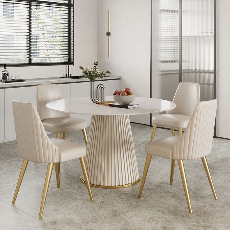 Stone Top Dining Table Round Table with Wood Pedestal Base in White