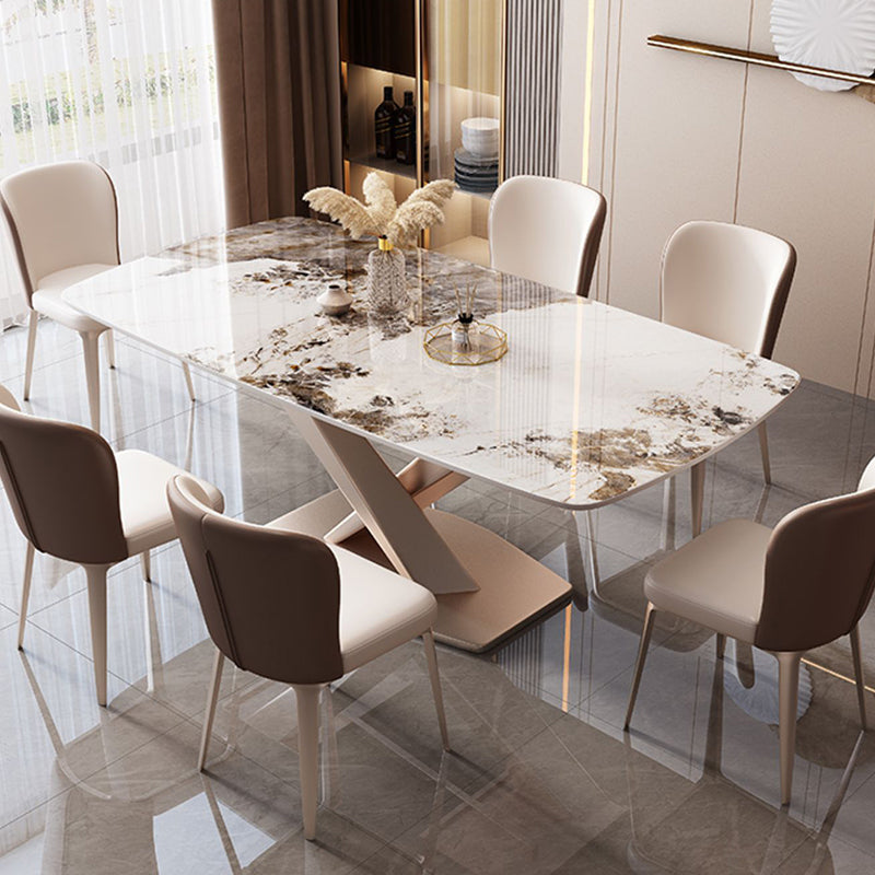 Mesa de comedor rectangular de estilo moderno de metal, mesa superior de piedra sinterizada para comedor