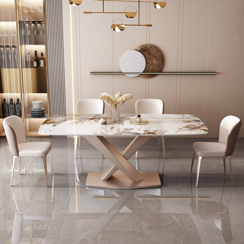 Mesa de comedor rectangular de estilo moderno de metal, mesa superior de piedra sinterizada para comedor
