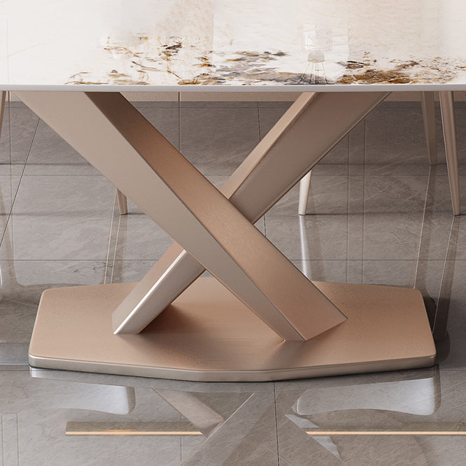 Mesa de comedor rectangular de estilo moderno de metal, mesa superior de piedra sinterizada para comedor