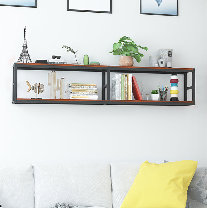 Industrial Wall Unit Bookshelf Black Steel Frame Natural Manufactured Wood Shelf Bookshelf