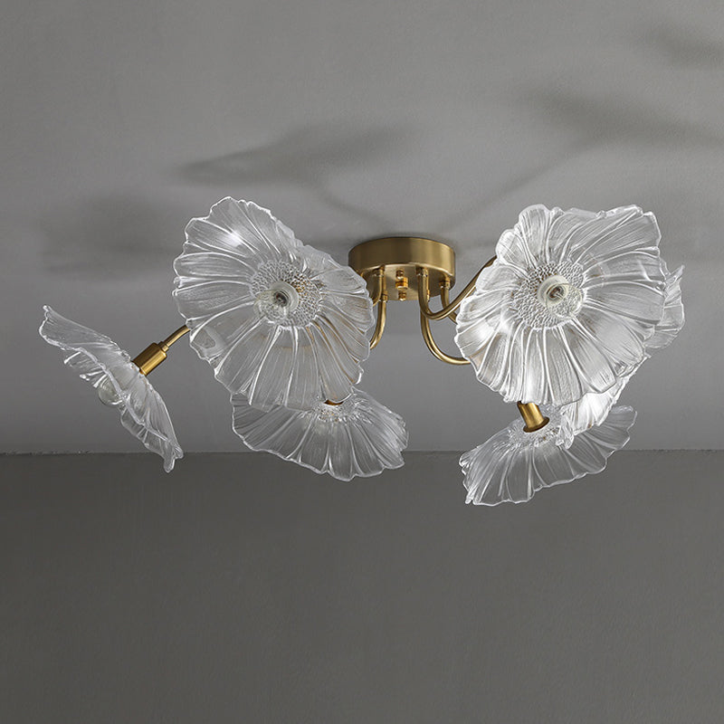 Lámpara de semi rascijada de metal dorado iluminación de techo de flores múltiples modernas con sombra de vidrio