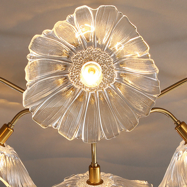 Lámpara de semi rascijada de metal dorado iluminación de techo de flores múltiples modernas con sombra de vidrio