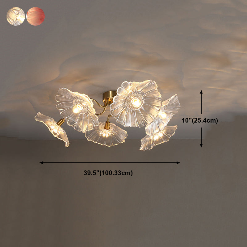 Lámpara de semi rascijada de metal dorado iluminación de techo de flores múltiples modernas con sombra de vidrio
