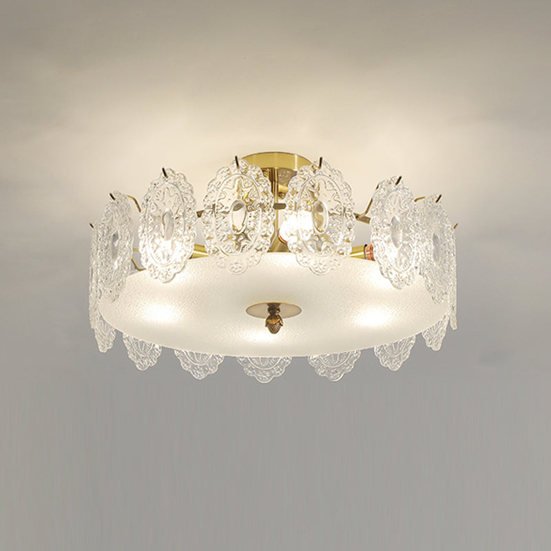 Round Semi Flush Mount Light Fixture Modern Style Glass Gold Ceiling Light