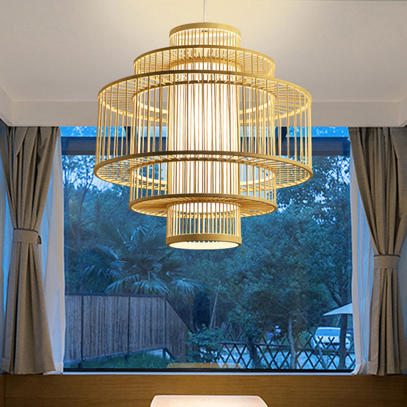 Chinese cilinderhangende lamp dineren beige rattan hanger plafondlicht met 1 licht