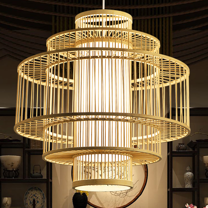 Chinese cilinderhangende lamp dineren beige rattan hanger plafondlicht met 1 licht