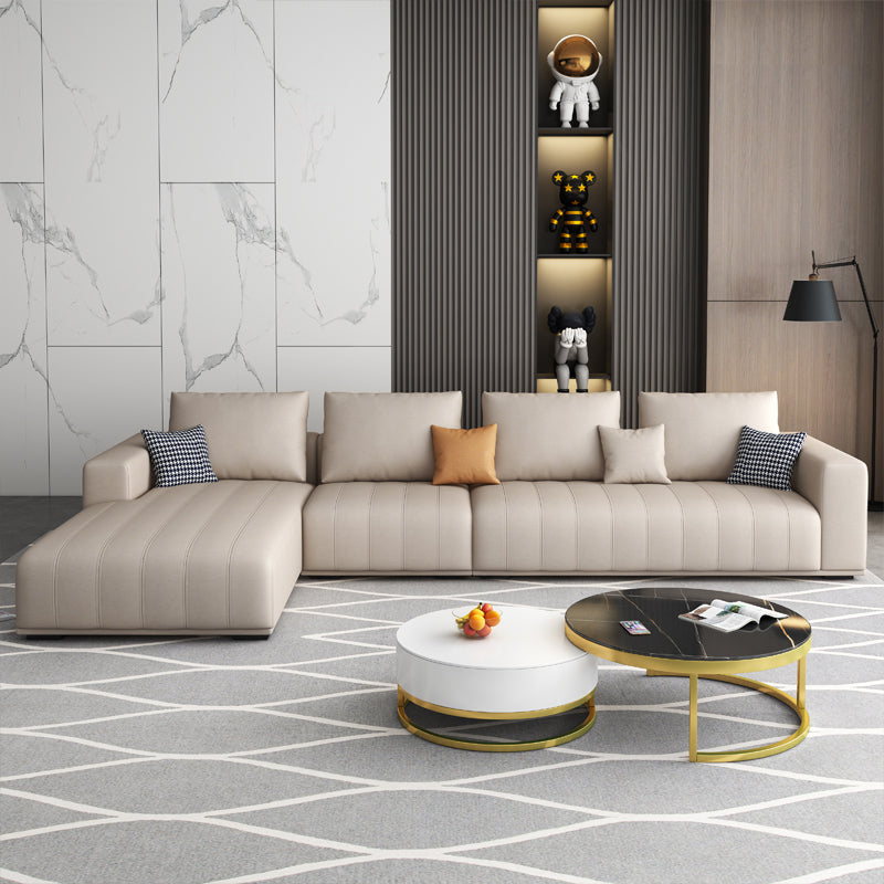 Cream Modern Faux Leather Square Arm Sofa/Sectional with Pillowed Back Cushions