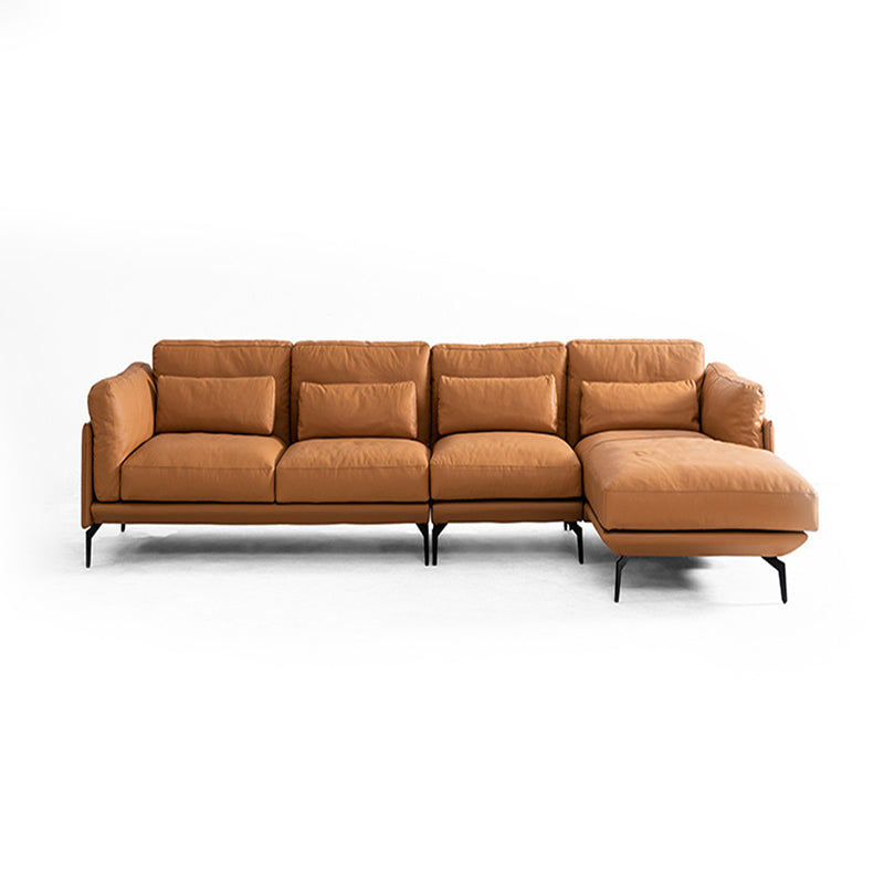 Genuine Leather Square Arm Bench Seating with Bolster Pillows Brown Settee Furniture