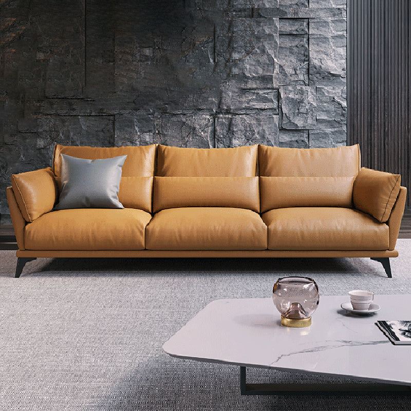 Genuine Leather Square Arm Bench Seating with Bolster Pillows Brown Settee Furniture