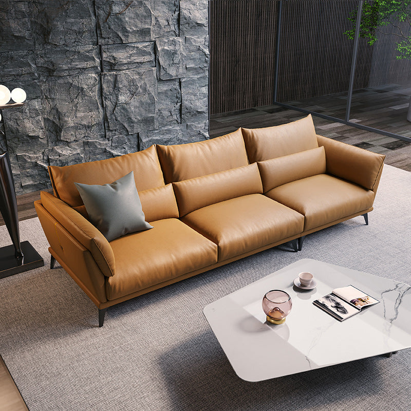 Genuine Leather Square Arm Bench Seating with Bolster Pillows Brown Settee Furniture