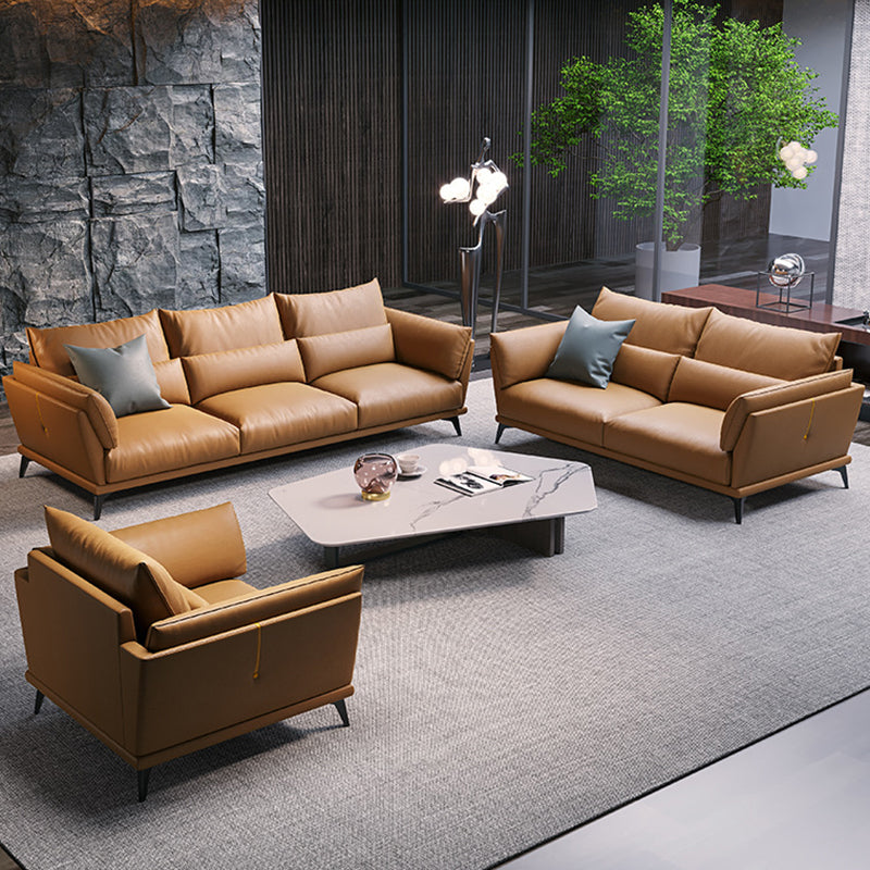 Genuine Leather Square Arm Bench Seating with Bolster Pillows Brown Settee Furniture