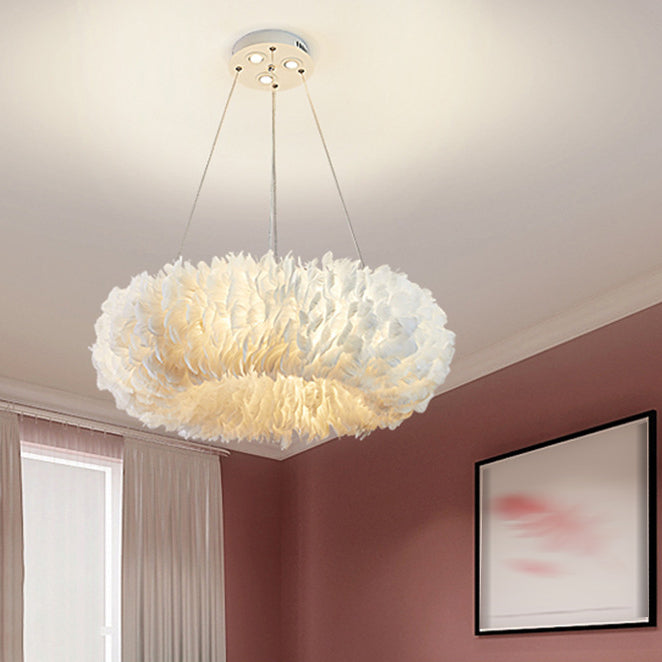 Modern Circular Chandelier Lights Feather Chandelier Light Fixture in White