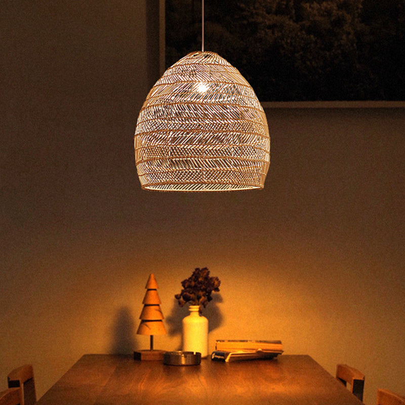 1-Light Hanging Light Fixture Asian Style Pendant Light with Rattan Shade for Bedroom