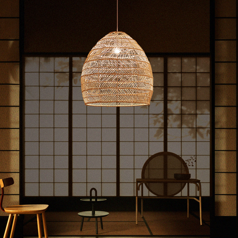1-Light Hanging Light Fixture Asian Style Pendant Light with Rattan Shade for Bedroom