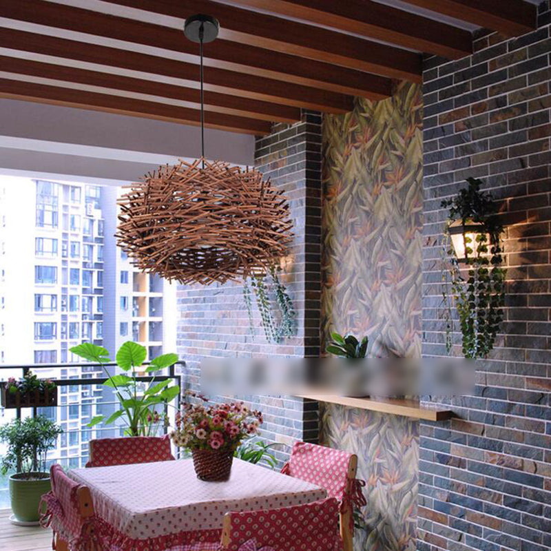Asian Style Hanging Lamp Fixture 1-Light Pendant Light with Rattan Shade for Bedroom