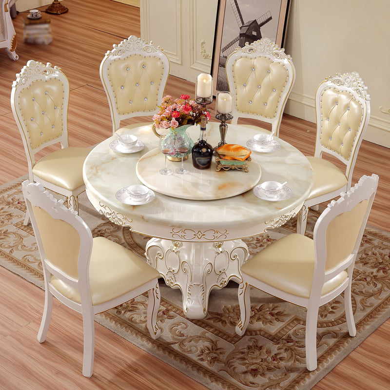 Solid Wood Victorian Round Dining Table Faux Marble Top Table with Pedestal