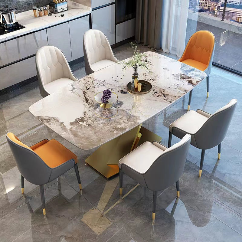 Luxury Sintered Stone Dining Table Rectangle Table with Single Pedestal in Gold