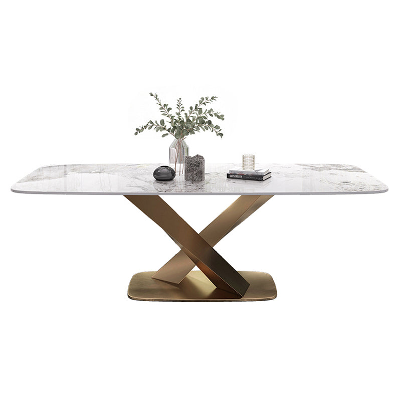 Luxury Sintered Stone Dining Table Rectangle Table with Single Pedestal in Gold