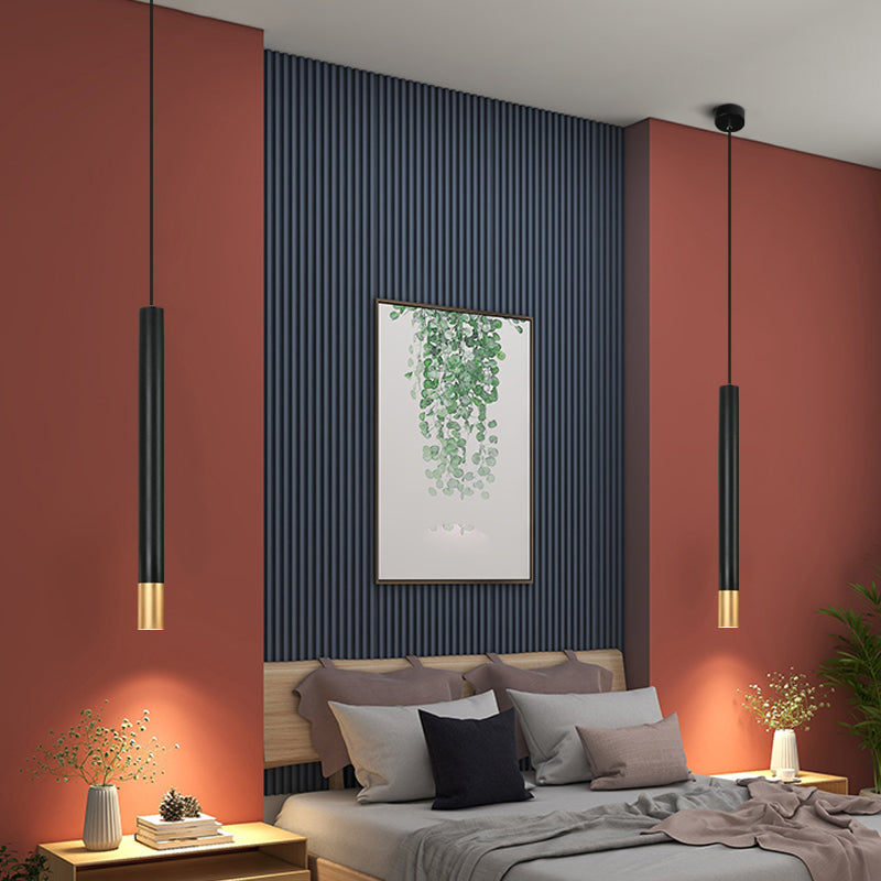 Contemporary Style Cylinder Shape Pendant Light Metal 1 Light Hanging Lamp in Black