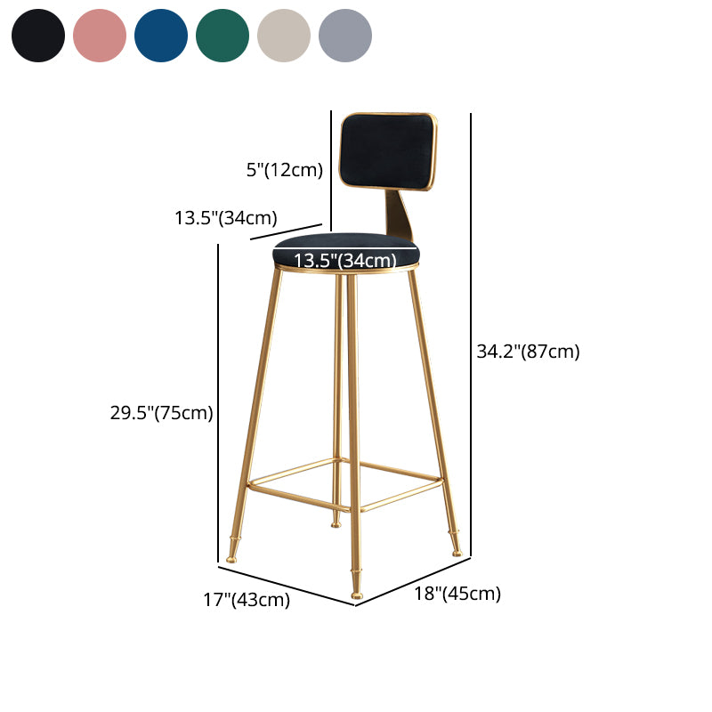 Glam Backrest Armless Counter Stool Iron Bar Stool with Pedal and Velvet Cushion