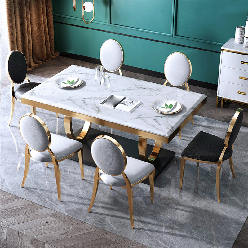 Luxury Marble Dining Table for Restaurant Rectangle Table with Metal Pedestal in Gold