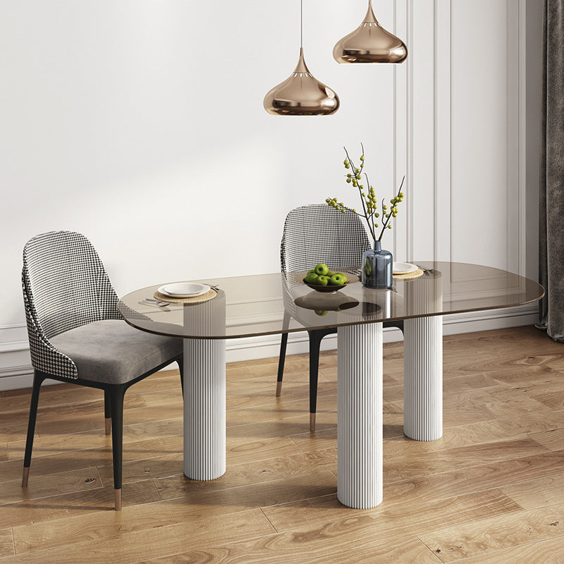 Glass Top Dining Table Modern Oval Indoor Dining Table with 3 White Legs