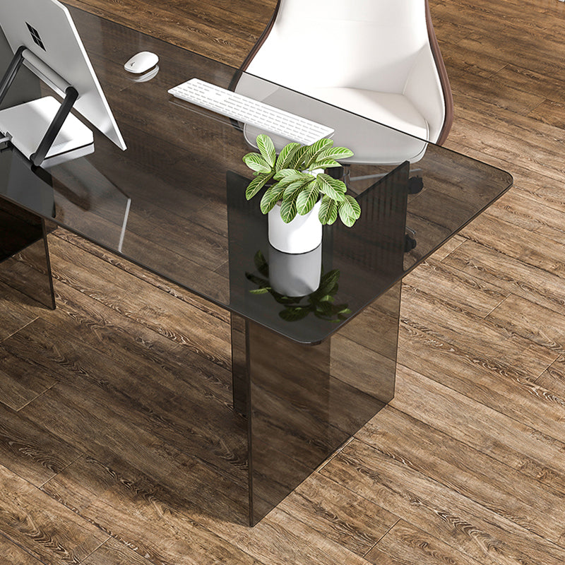 Glass Contemporary Rectangular Dining Table Clear Glass Table with Double Pedestal