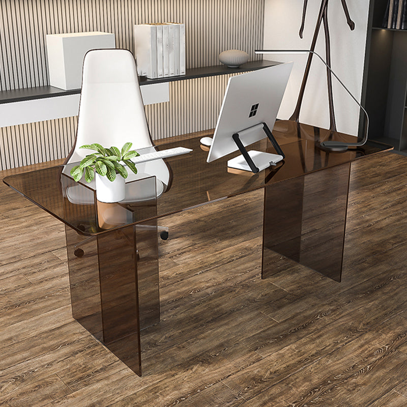 Glass Contemporary Rectangular Dining Table Clear Glass Table with Double Pedestal