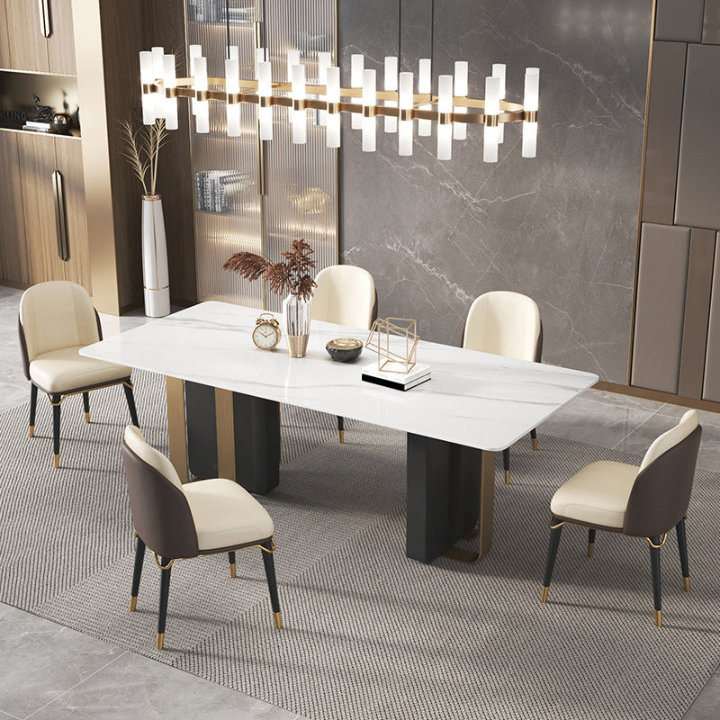 Mesa de comedor rectangular de piedra sinterizada de lujo para interiores con pedestal doble