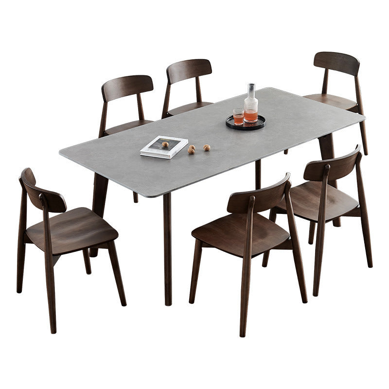 Stone Rectangle Top Table Mid-Century Modern Dining Table with 4 Wood Legs