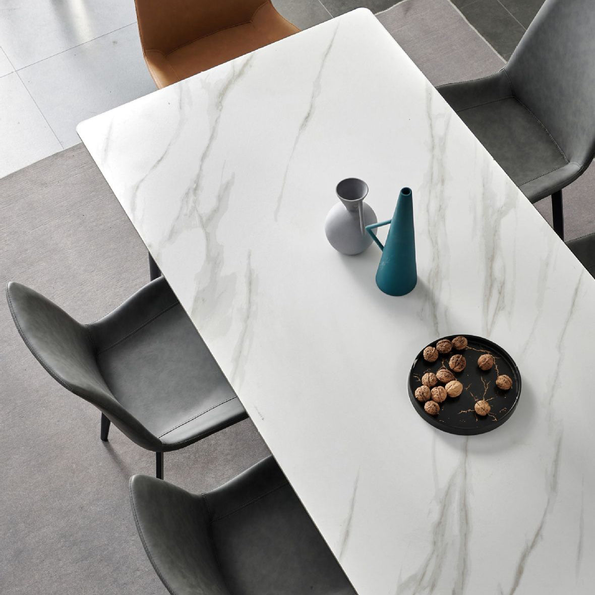 Stone Top Dining Table Traditional Luxury Table with 4 Black Legs