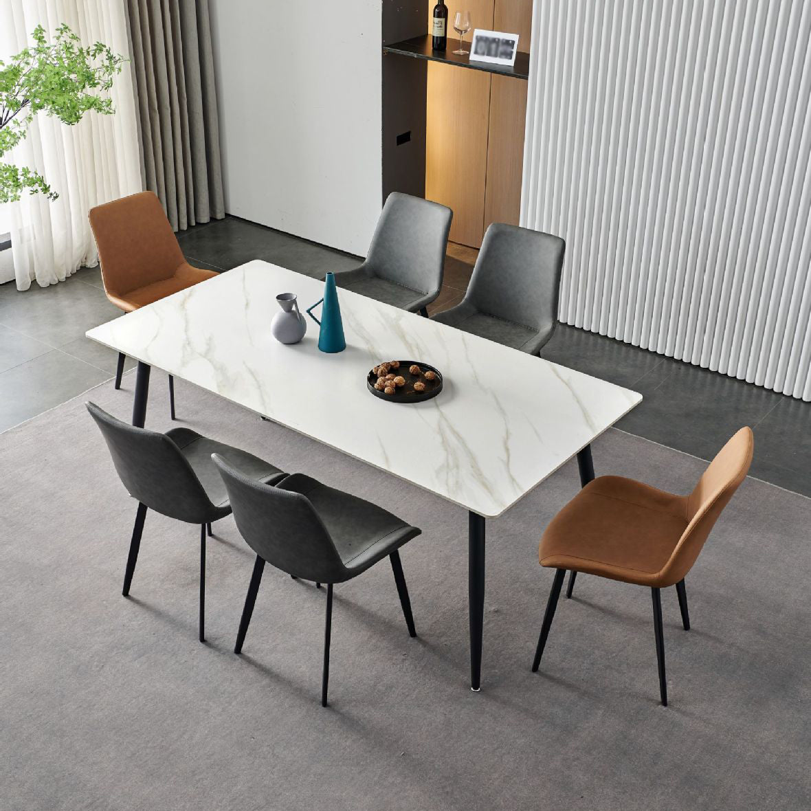 Stone Top Dining Table Traditional Luxury Table with 4 Black Legs