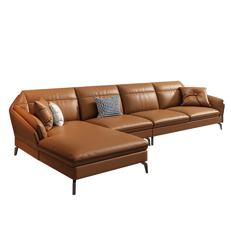 Sloped Arms Genuine Leather Sectional Sofa 35.43"High Cushion Back Sofa, Dark Brown