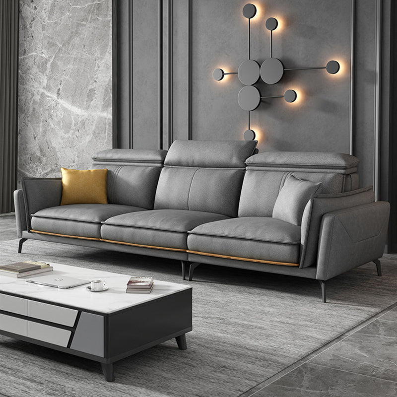 Modern Square Arm Cushion Back Sectional Faux Leather Sofa and Chaise in Dark Gray