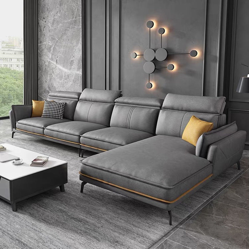 Modern Square Arm Cushion Back Sectional Faux Leather Sofa and Chaise in Dark Gray