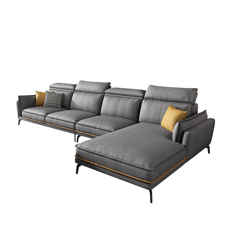 Modern Square Arm Cushion Back Sectional Faux Leather Sofa and Chaise in Dark Gray