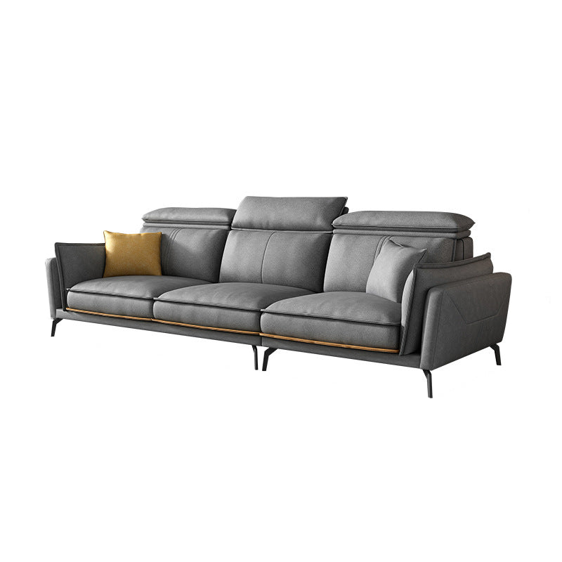 Modern Square Arm Cushion Back Sectional Faux Leather Sofa and Chaise in Dark Gray