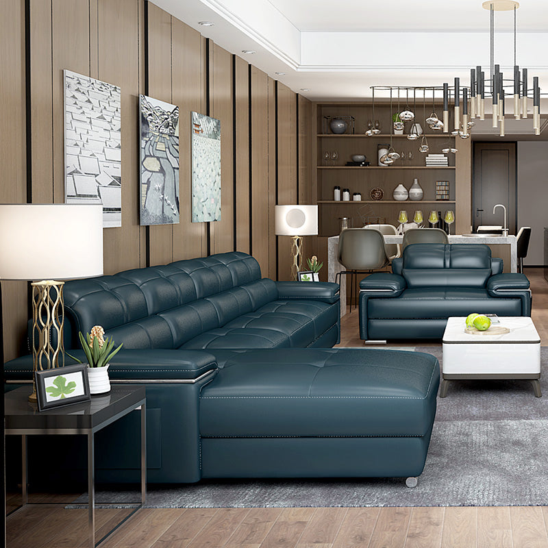 Genuine Leather Sectional 34.65"High Pillow Top Arm Sofa with Storage, Blue