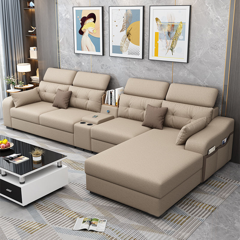 Recessed Arm Pillowed Back Cushions Sofa and Chaise Linen/Faux Leather Sectional