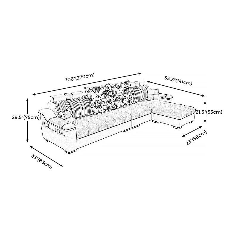 Dark Gray Pillow Top Arm Sectional Upholstered Cushions Back Sofa and Chaise