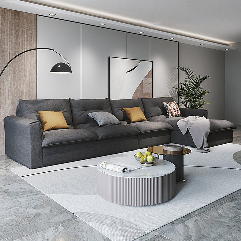 Modern Square Arm Sectional Gray Linen Sofa and Chaise for Apartment