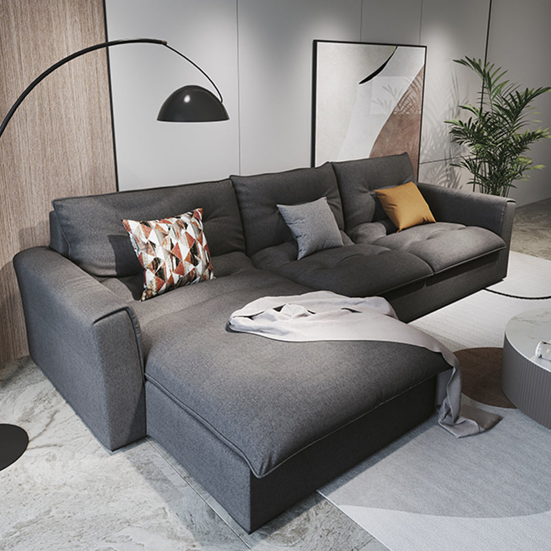 Modern Square Arm Sectional Gray Linen Sofa and Chaise for Apartment