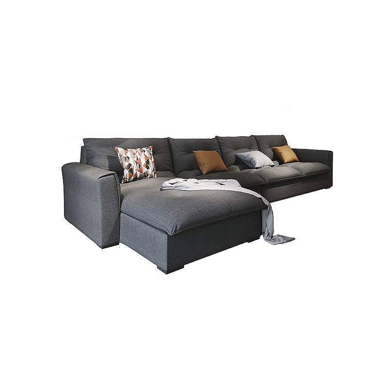 Modern Square Arm Sectional Gray Linen Sofa and Chaise for Apartment