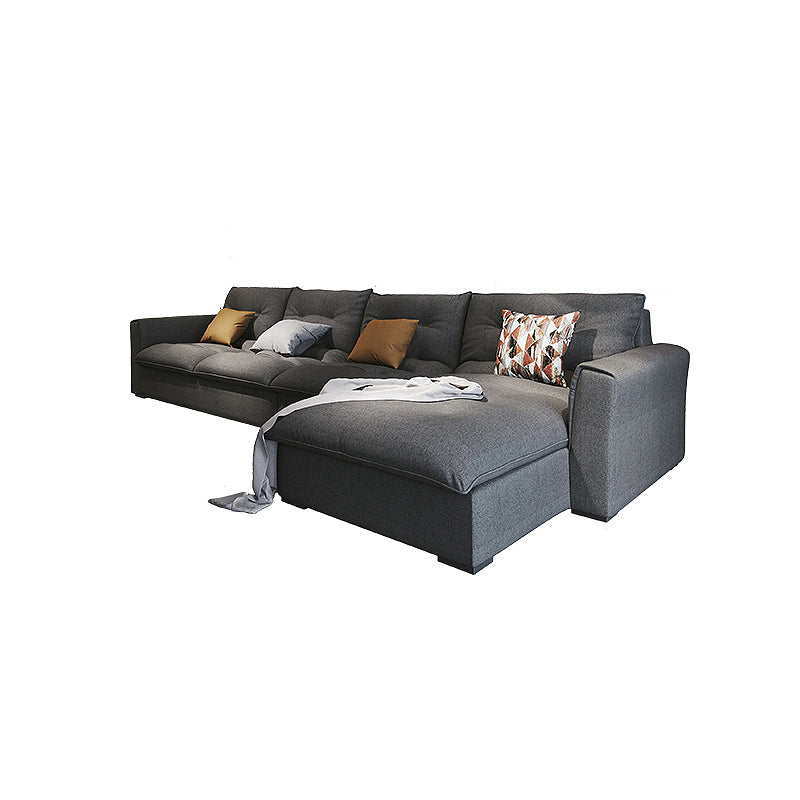 Modern Square Arm Sectional Gray Linen Sofa and Chaise for Apartment