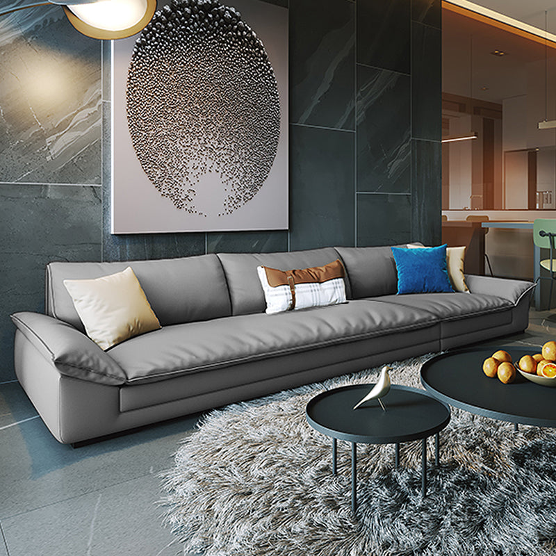 Modern Faux Leather Sofa and Chaise Gray Pillow Top Arm Sectional for Apartment
