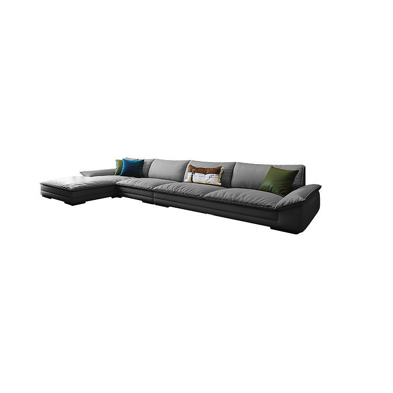 Modern Faux Leather Sofa and Chaise Gray Pillow Top Arm Sectional for Apartment